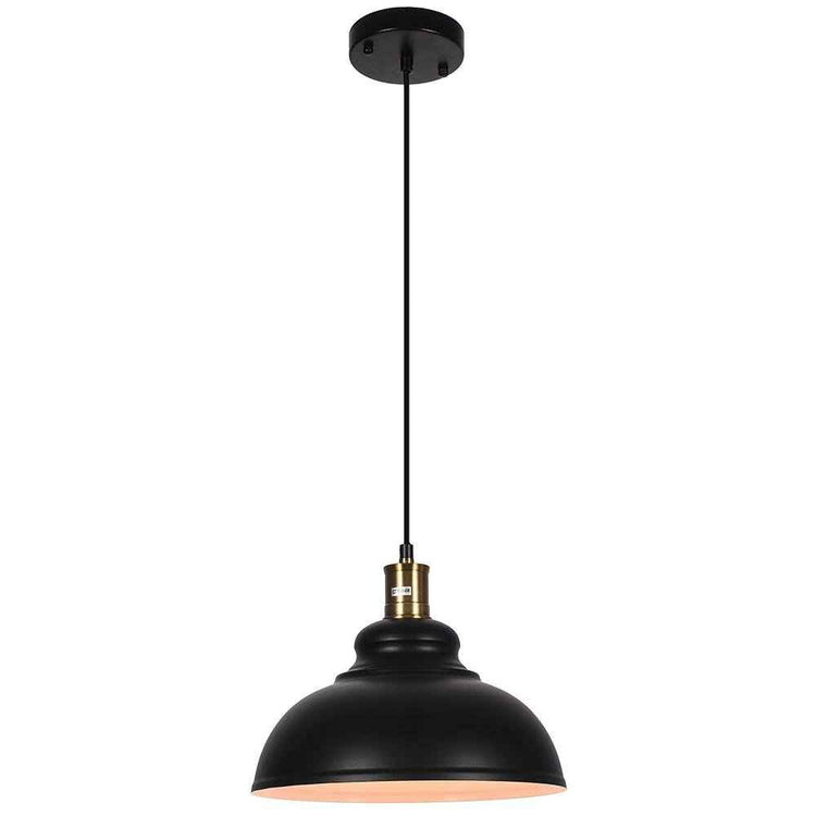 Luminaire suspendu à abat-jour dôme noir, câble et raccord laiton au plafond