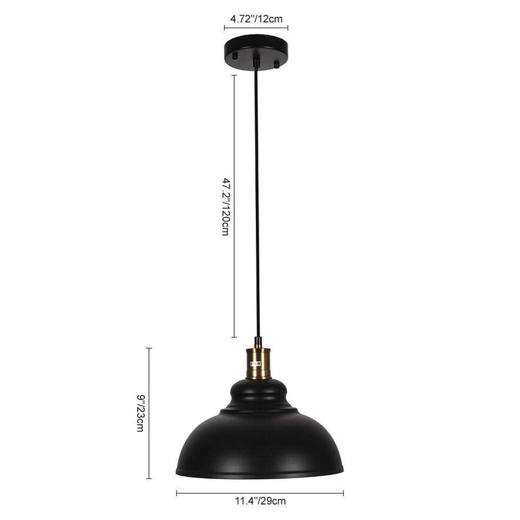 Luminaire suspendu à abat-jour dôme noir, vue avec dimensions