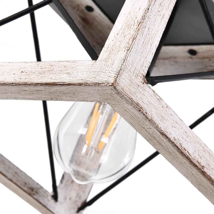 Suspension mini à structure en bois blanc vieilli et cadre noir, ampoule visible