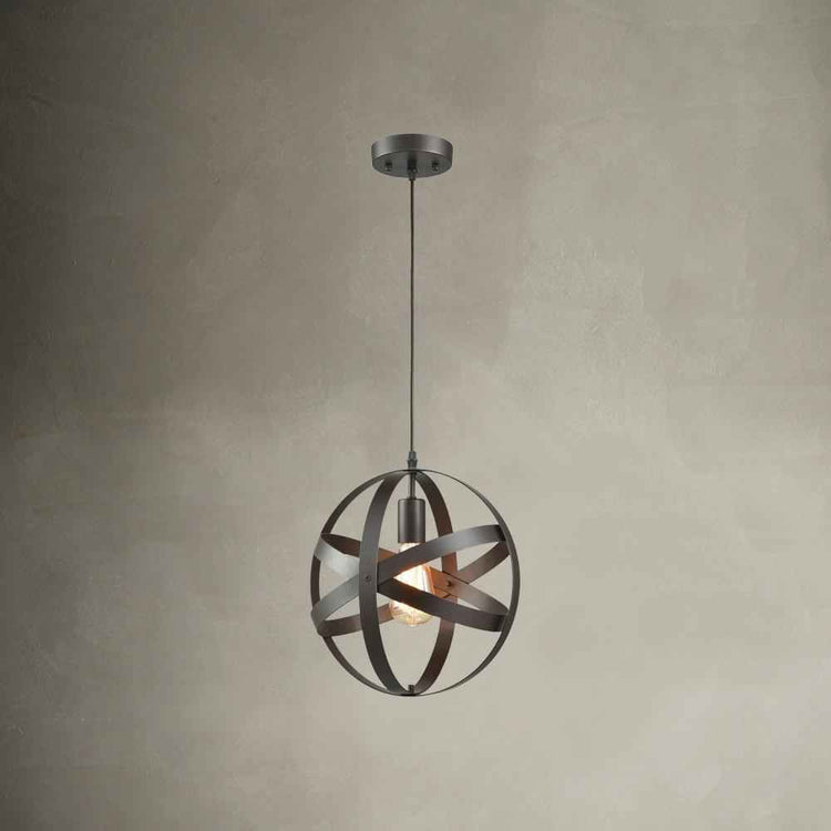 Suspension industrielle globe métal gris, anneaux croisés suspendus au plafond