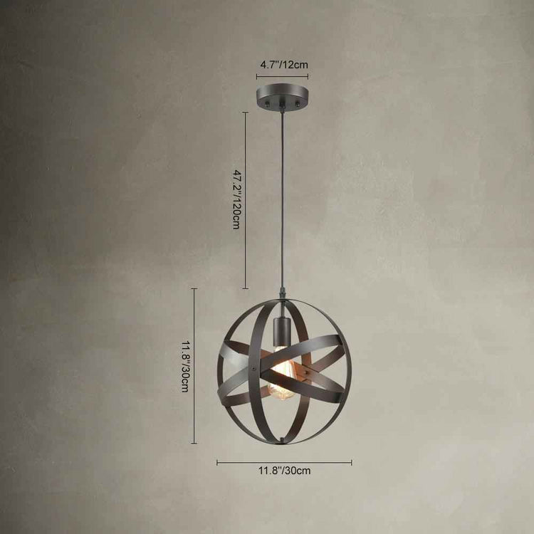 Suspension industrielle globe métal gris, dimensions du luminaire indiquées