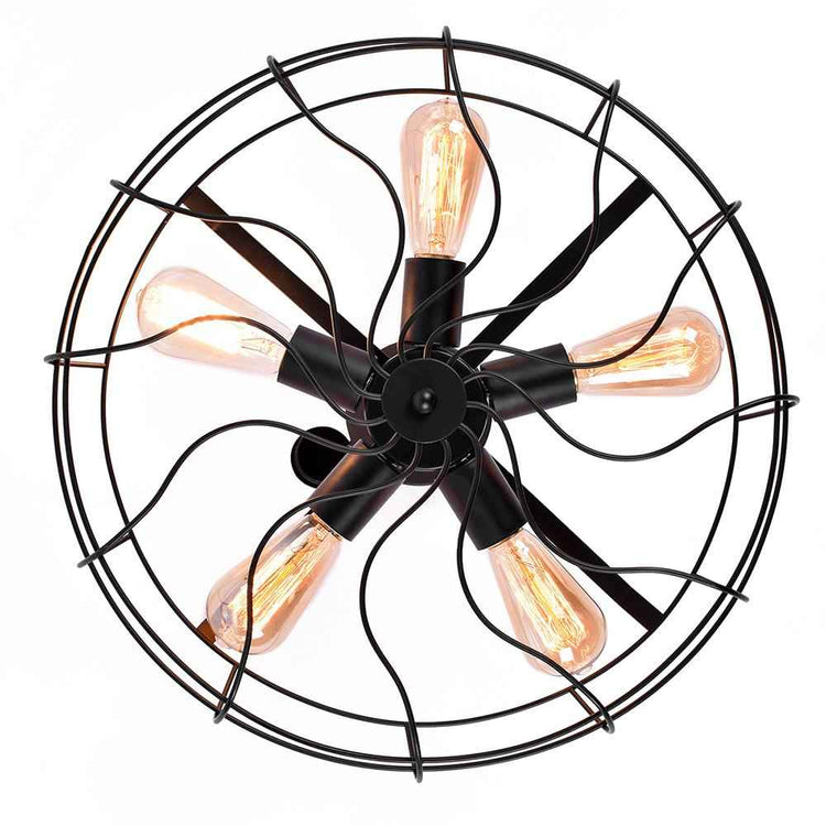 Plafonnier vintage industriel semi-encastré noir, grilles et 5 ampoules à filament visibles.