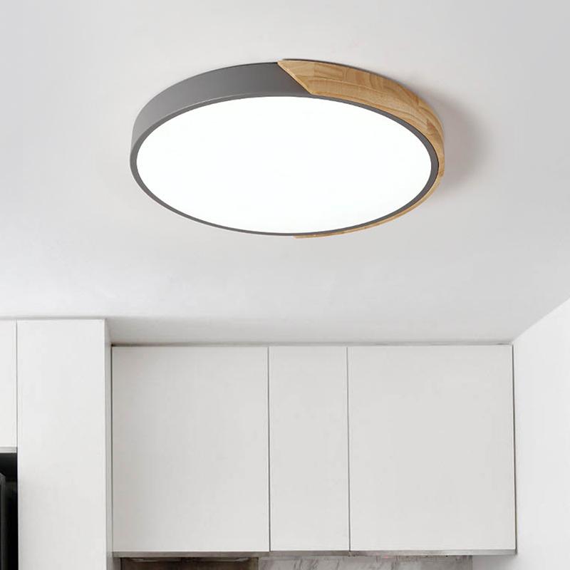 Plafonnier Bois Dimmable Métal et Cercle pour Chambre