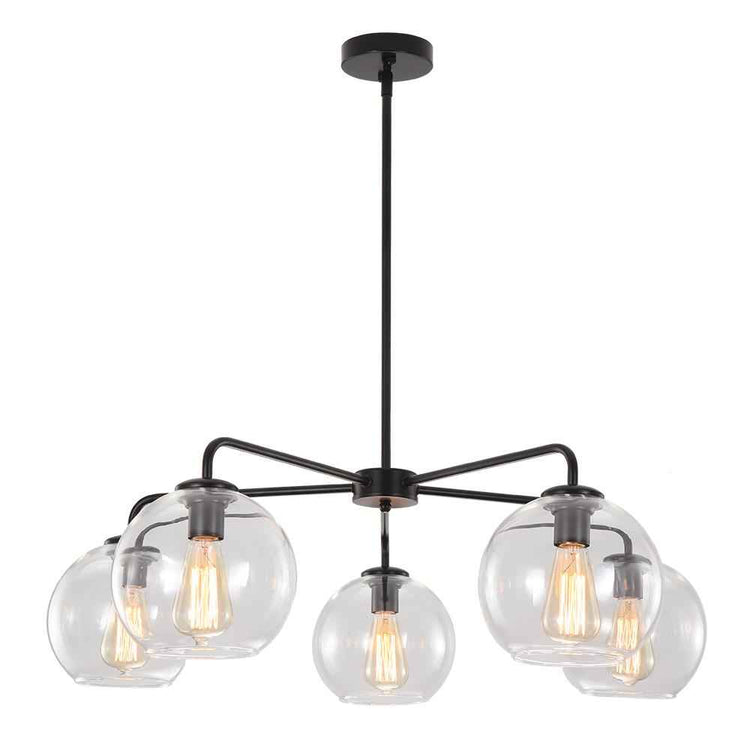 Lustre moderne noir avec verre soufflé, 3 globes transparents et ampoule centrale.