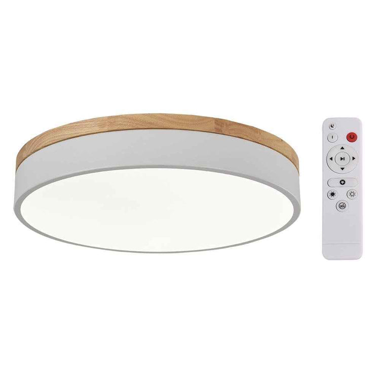 Plafonnier LED rond blanc bord bois et télécommande blanche, ensemble pour plafond.
