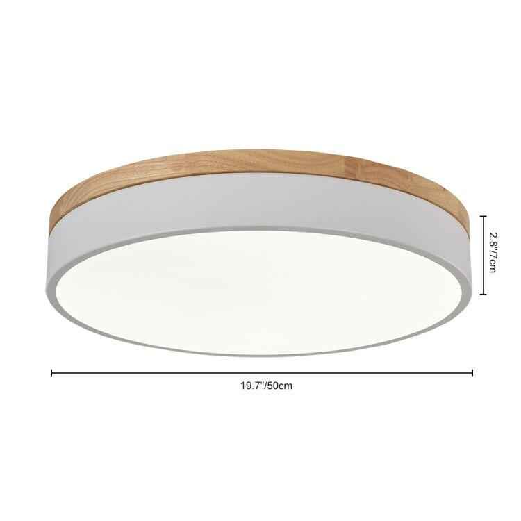 Plafonnier LED circulaire blanc bord en bois, diffuseur clair type tambour.