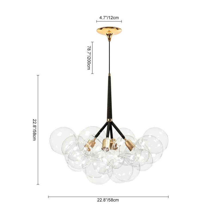 Lustre semi-encastré, vue avec dimensions : monture noire et globes en verre