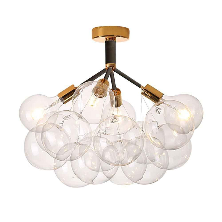 Plafonnier semi-encastré à boules de verre, monture noire et laiton, 12 globes