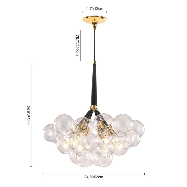 Lustre semi-encastré vue de face avec dimensions : globes en verre transparents