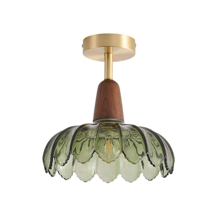 Plafonnier dôme en verre vert, base laiton et fût en bois.