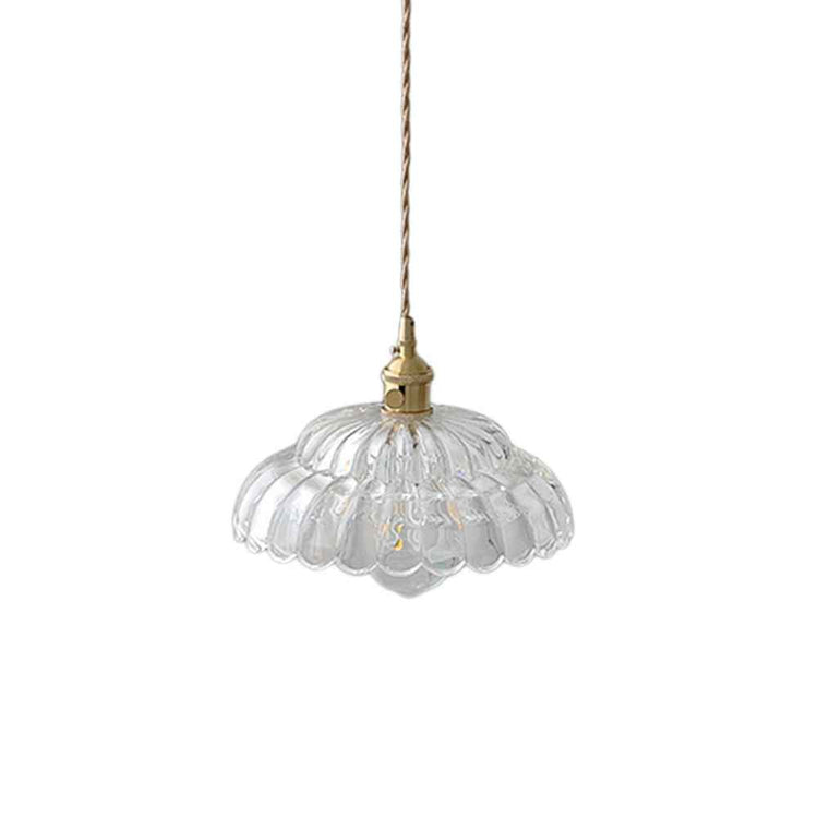 Suspension en verre transparent style lotus, vue de dessous, monture laiton et crochet.