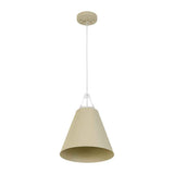 Suspension conique beige, abat-jour textile et support métallique transparent