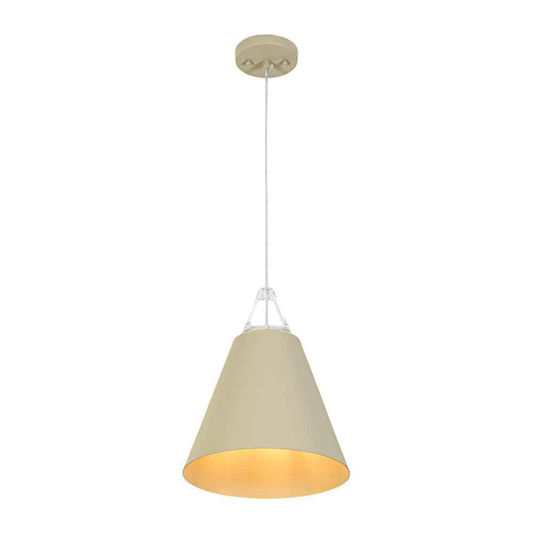 Suspension conique beige avec rosace ronde au plafond et cordon blanc