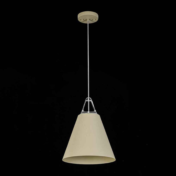 Suspension conique beige avec abat-jour textile et rosace ronde au plafond