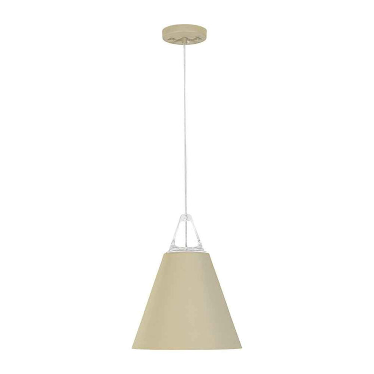 Suspension conique beige avec abat-jour textile et tige suspendue blanche