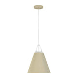 Suspension conique beige avec abat-jour textile et tige suspendue blanche