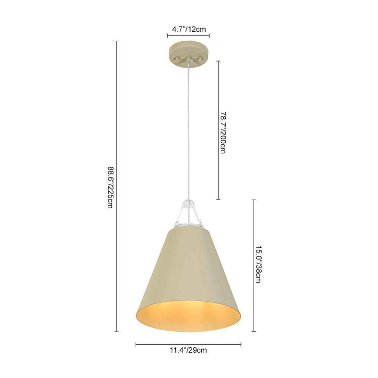 Suspension conique beige : schéma des dimensions avec cordon et rosace