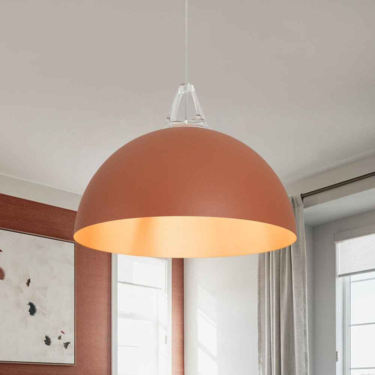 Luminaire suspendu dôme orange, abat-jour arrondi avec diffuseur intérieur clair