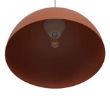 Suspension luminaire dôme orange, mécanisme et douille visibles sous l’abat-jour