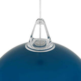 Détail du luminaire suspendu dôme bleu : support en verre et ampoule centrée