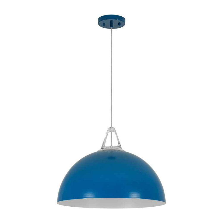 Luminaire suspendu dôme bleu, vue de face, abat-jour arrondi et câble