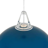 Luminaire suspendu dôme bleu, détail du support en verre et de l’ampoule