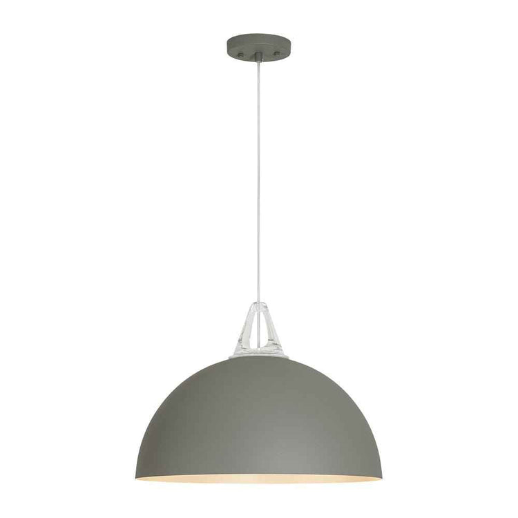 Suspension luminaire à dôme gris, abat-jour courbé, câble et rosace ronde au plafond.