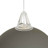 Suspension luminaire à dôme gris, vue du mécanisme intérieur en verre et métal chromé.