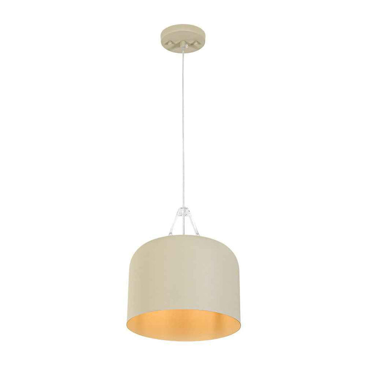 Suspension avec abat-jour beige cylindrique, câble fin et diffuseur vers le bas