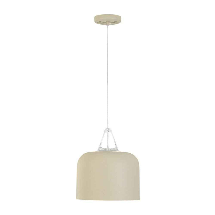 Suspension minimaliste à abat-jour beige cylindrique, vue en légère plongée