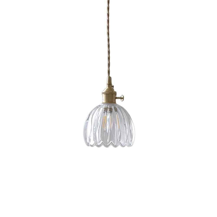 Suspension luminaire 1 lumière avec dôme en verre transparent strié, base laiton