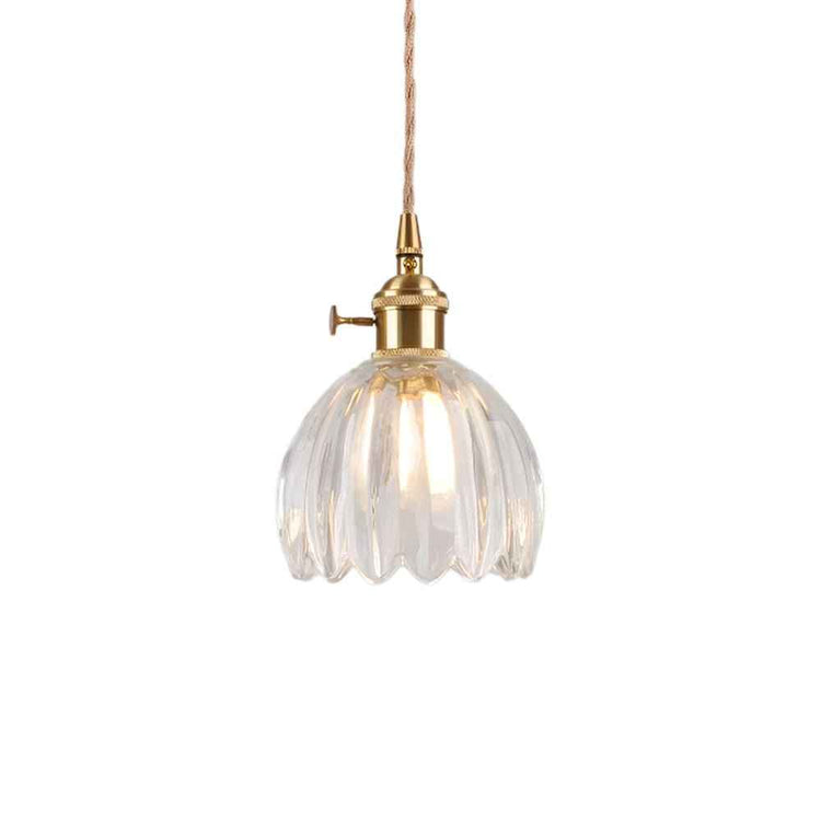 Suspension luminaire 1 lumière : dôme en verre transparent strié, monture laiton