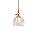 Suspension luminaire 1 lumière : dôme en verre transparent strié, monture laiton