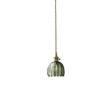 Suspension luminaire 1 lumière avec dôme en verre transparent rainuré et câble torsadé laiton