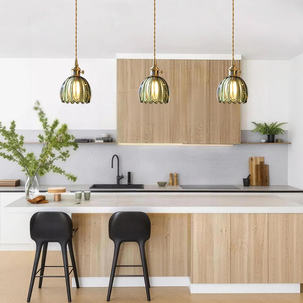 Suspension Luminaire 1 Lumière Rayures Verticales Dôme Verre pour Salle à Manger