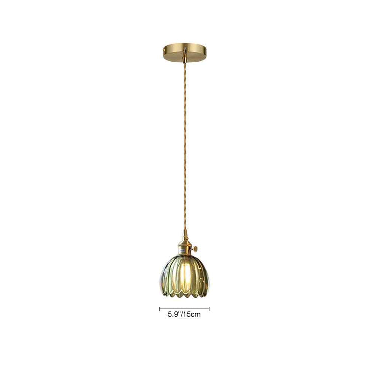 Suspension luminaire 1 lumière : dôme en verre transparent, rainures verticales, laiton