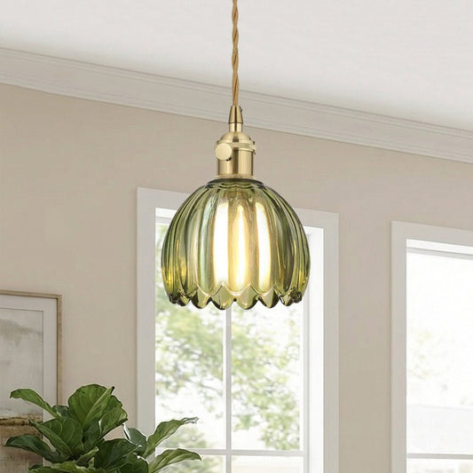 Suspension Luminaire 1 Lumière Rayures Verticales Dôme Verre pour Salle à Manger