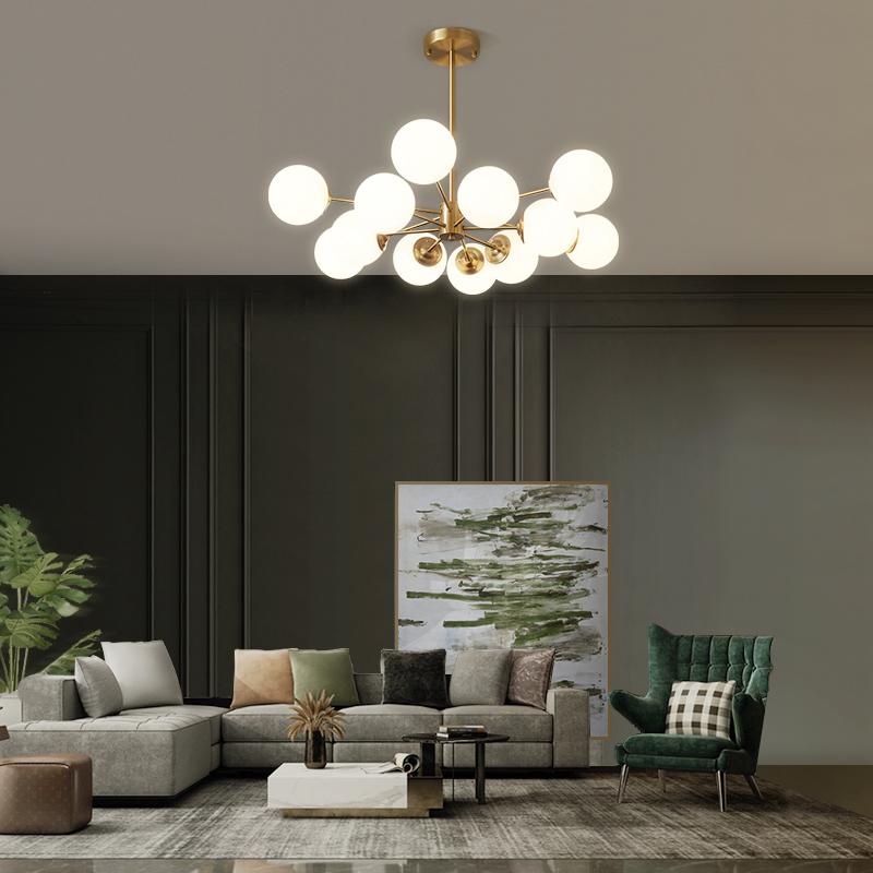 Lustre 12 Lumières Deux Niveaux Sputnik Opale Globe pour Salon
