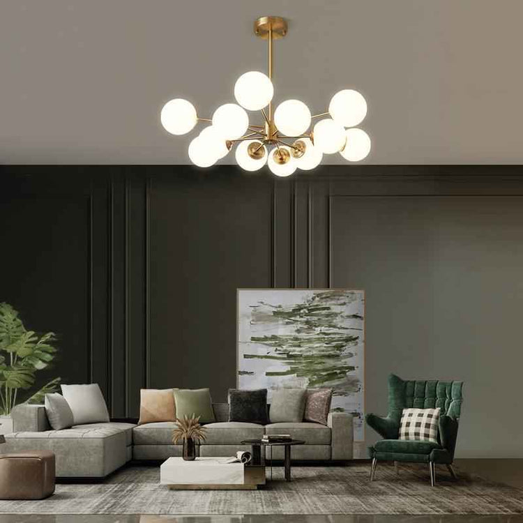 Lustre 12 Lumières Deux Niveaux Sputnik Opale Globe pour Salon
