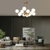 Lustre 12 Lumières Deux Niveaux Sputnik Opale Globe pour Salon