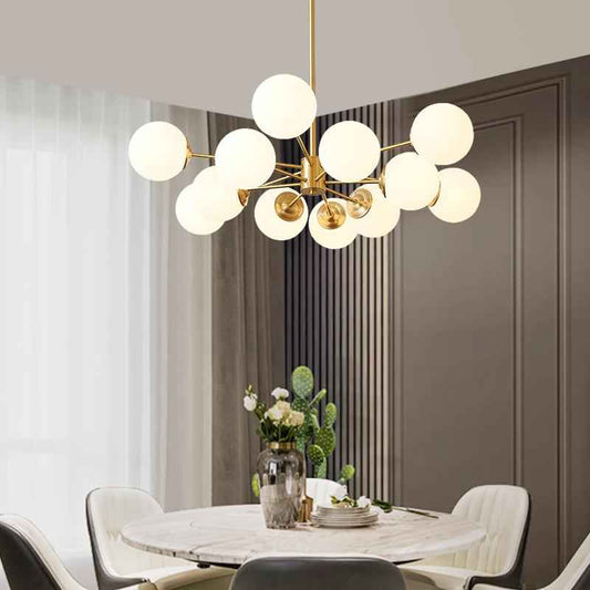 Lustre 12 Lumières Deux Niveaux Sputnik Opale Globe pour Salon