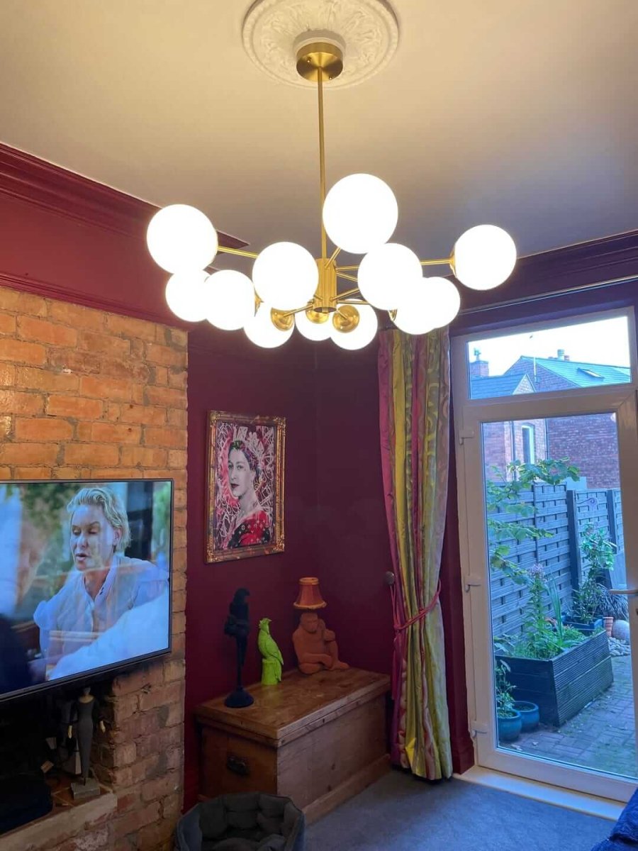 Lustre 12 Lumières Deux Niveaux Sputnik Opale Globe pour Salon