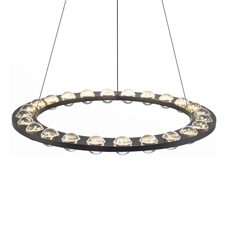 Lustre LED cercle noir anneau en verre, vue de dessus avec coupoles disposées en cercle.