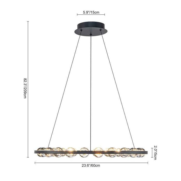 Lustre LED cercle noir suspendu par deux câbles, anneau en verre bordé de coupoles.