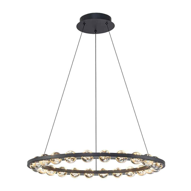 Lustre LED cercle noir, anneau horizontal en verre avec coupoles décoratives sur tout le tour.