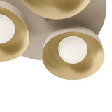 Plafonnier LED beige : deux abats-jour circulaires, vue rapprochée sur le diffuseur