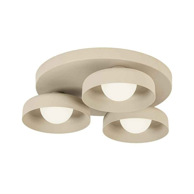 Plafonnier LED 3 lumières beige, quatre diffuseurs ronds et base circulaire