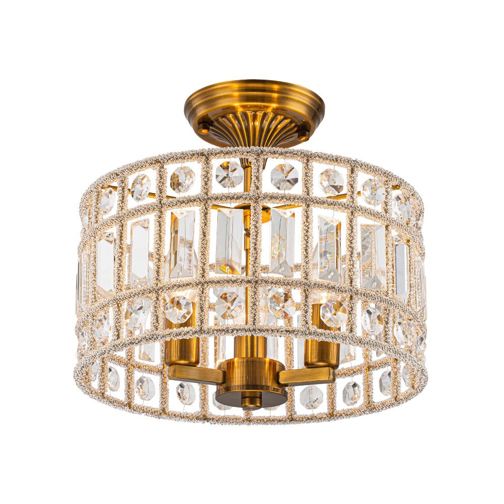 Plafonnier Cristal Laiton 3 Lumières Tambour pour Salon