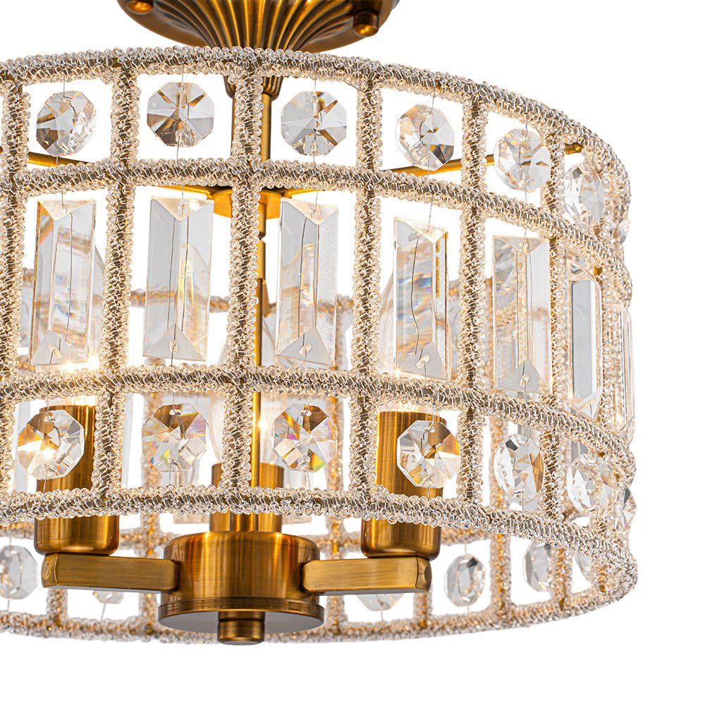 Plafonnier Cristal Laiton 3 Lumières Tambour pour Salon