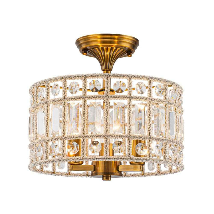 Plafonnier tambour en cristal et laiton à 3 lumières, vue de face.